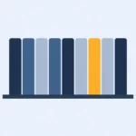 Une étagère bleue et neuf livres sans titre, dont un jaune orangé.