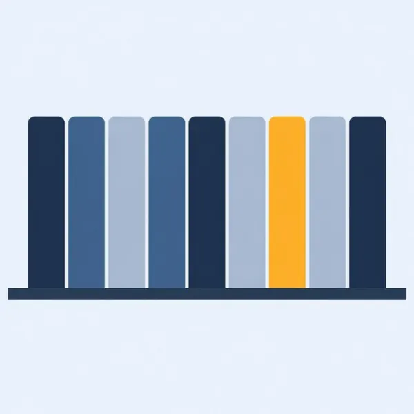 Une étagère bleue et neuf livres sans titre, dont un jaune orangé.