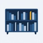 Une bibliothèque à deux rayons : des livres sans titre rangés par groupes, et un intercalaire jaune orangé.