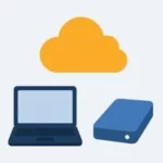Un ordinateur portable, un disque dur externe et un nuage
