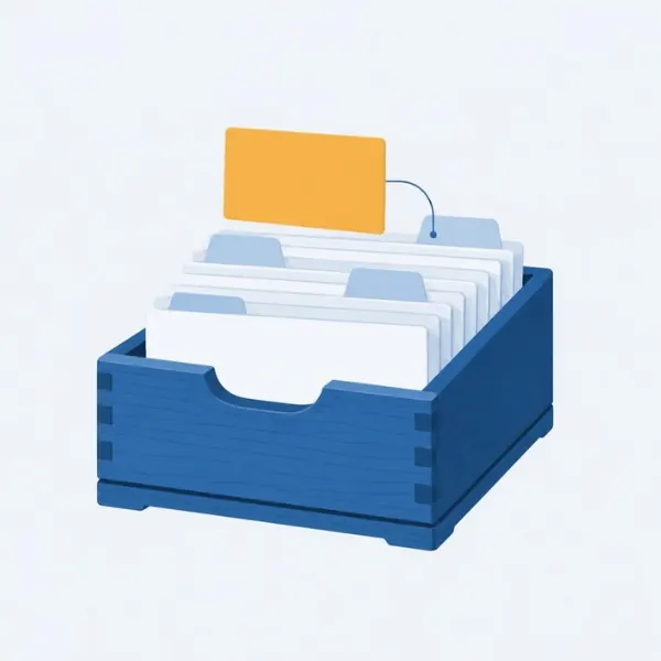 Une boîte à fiches ouverte, pleine de fiches blanches ; une fiche jaune orangé dépasse, reliée à une autre par un trait.
